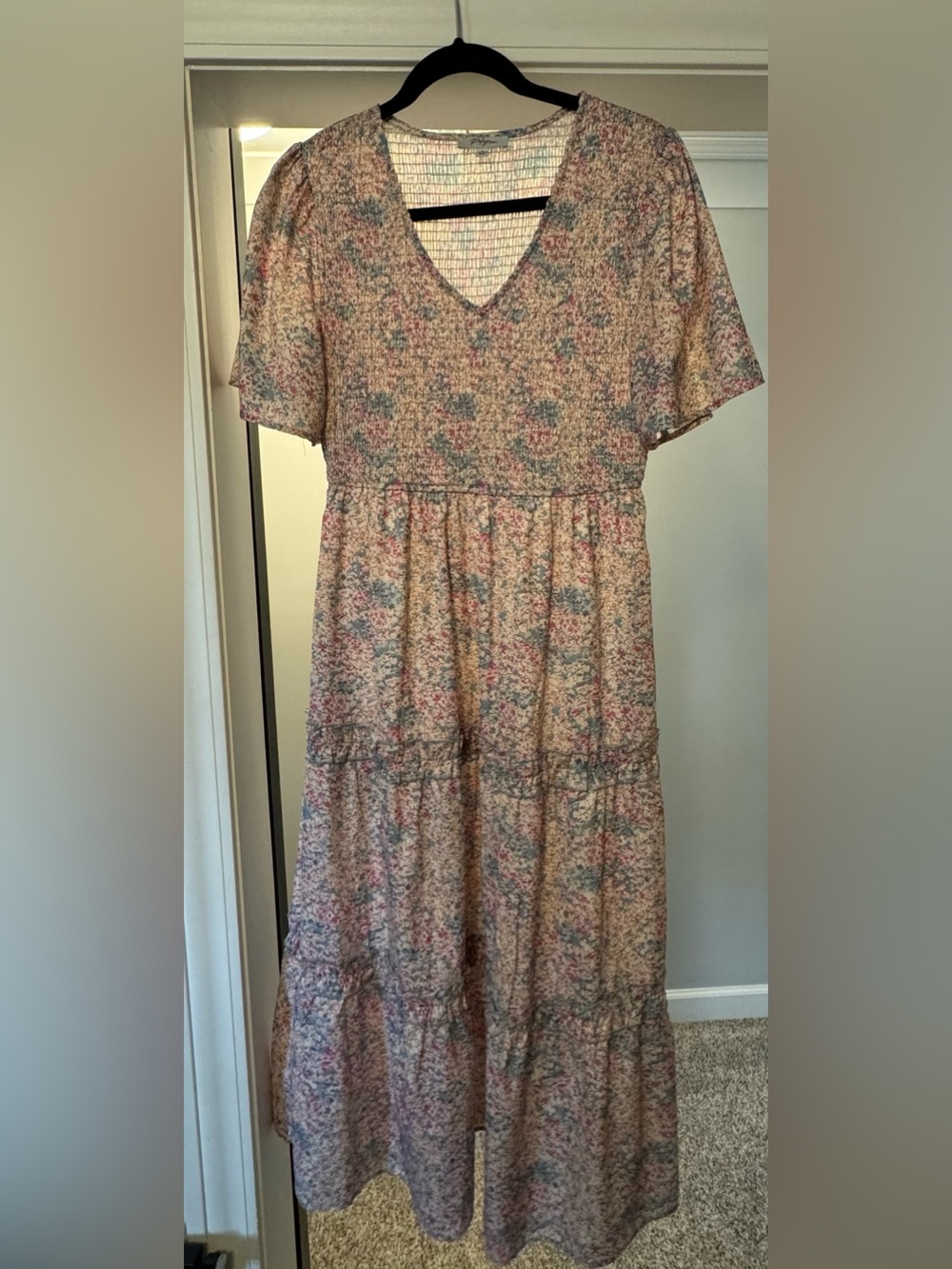 Floral V-Neck Tiered Maxi Dress in Pink and Cream with pockets